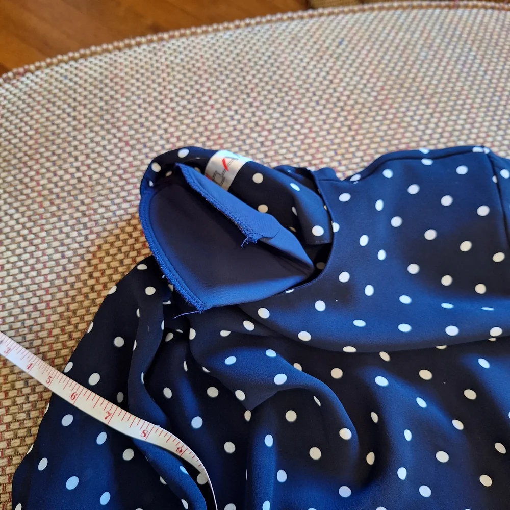 Chaus Vintage Sheer Navy and White Polka Dot Blouse And Adjustable Waist Skirt